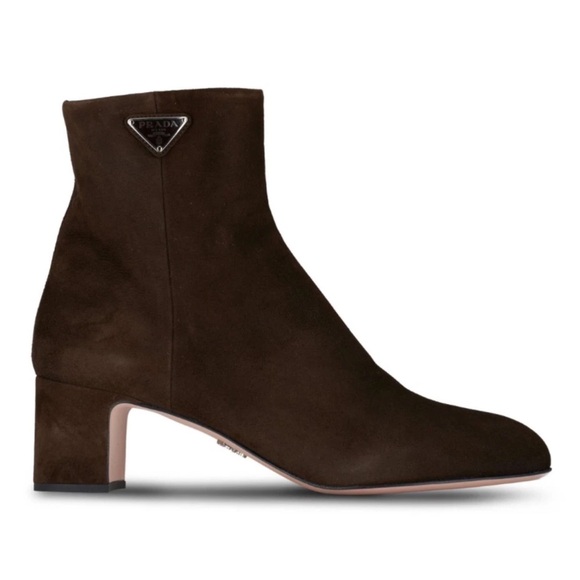 Prada 55MM Moro Chocolate Brown Suede Logo Short Ankle Block Heel Bootie 37.5 - Picture 1 of 14